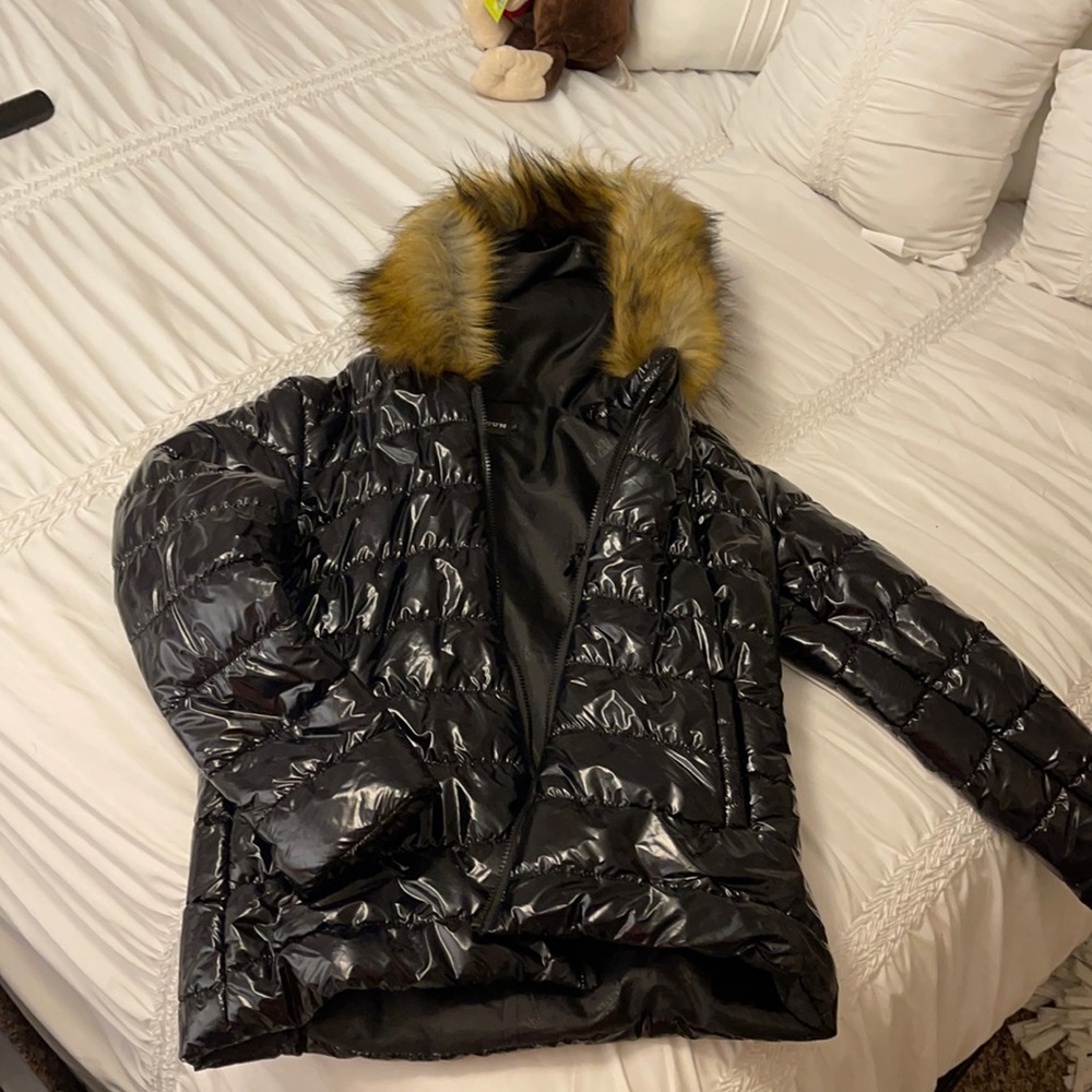 Black winter faux fur bubble coat